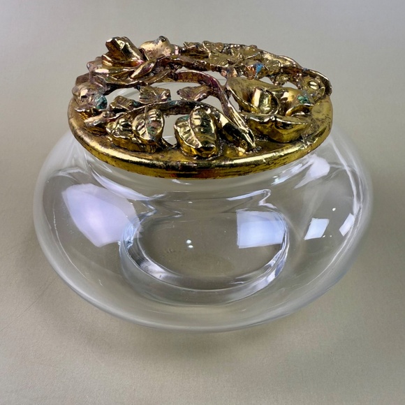 Other - Vintage Glass Trinket Dish with Ornate Brass Rose Lid | Hollywood Regency Style